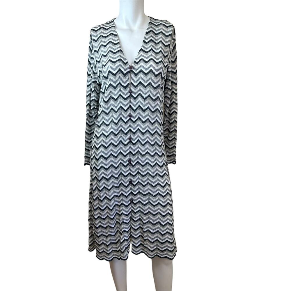 French Rags Blue White & Grey Chevron Design Knit Long Cardigan Duster sz 2=M